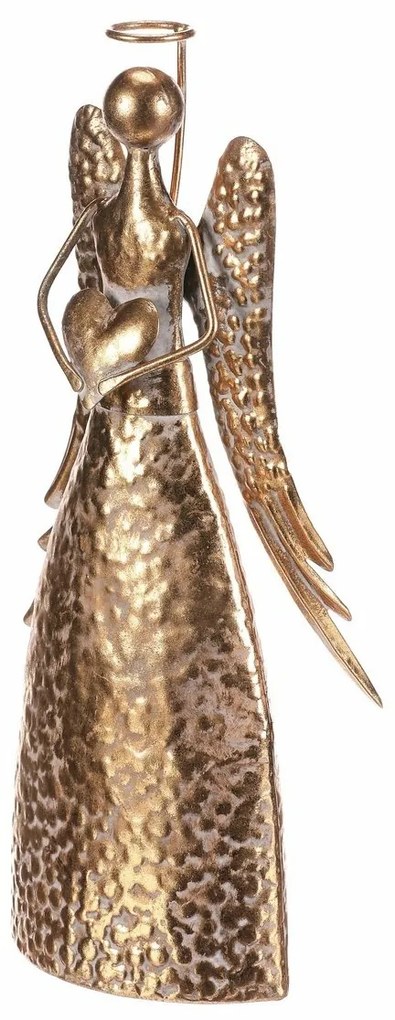 Świąteczna metalowa dekoracja Anioł 34 cm zsercem, złota, 34 cm