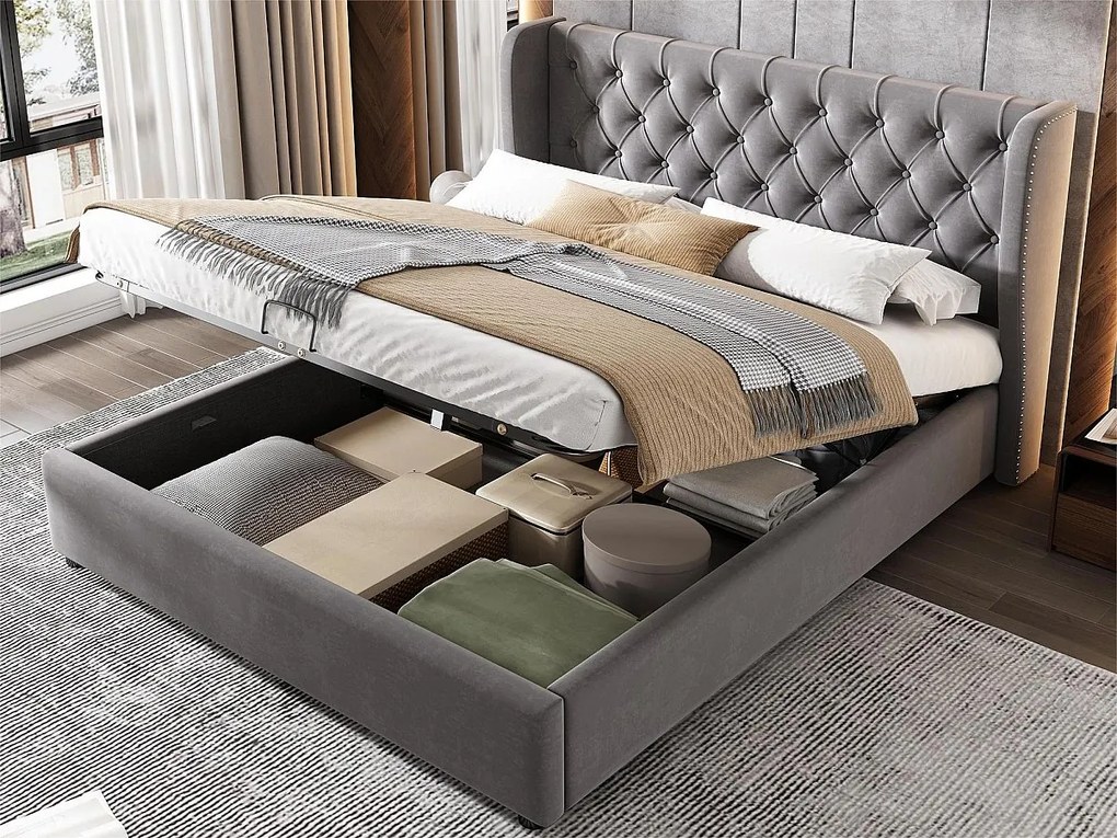 Łóżko ze schowkiem i zagłówkiem - 140 x 200 cm - aksamit - stelaż listwowy - szare