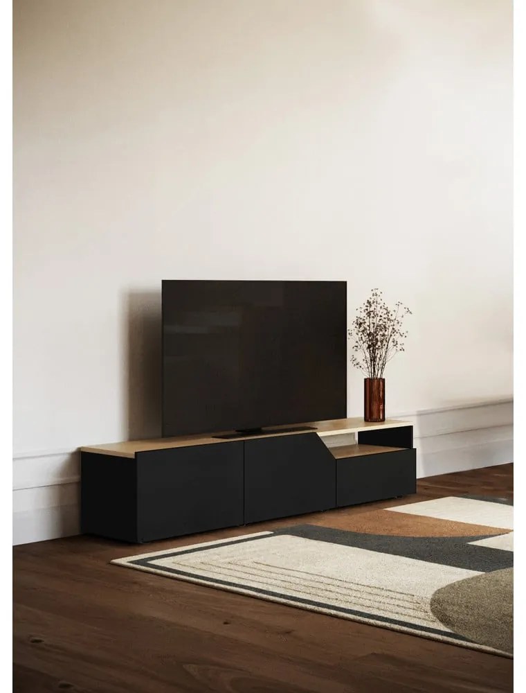 Czarna szafka pod TV z blatem w dekorze dębu 180x38 cm Verone – TemaHome