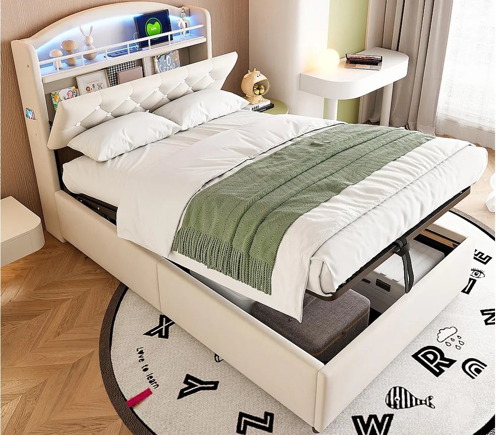 Łóżko dziecięce 90x200cm - Welur - z LED - z USB - beżowe (materac nie jest w zestawie)