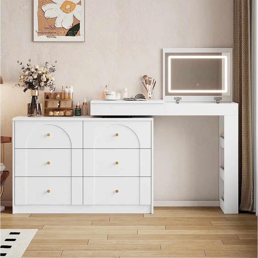 Toaletka z 7 szufladami + półkami i lustrem składanym - 105 x 40 x 80 cm - diody LED - płyta wiórowa - płyta wiórowa - biała