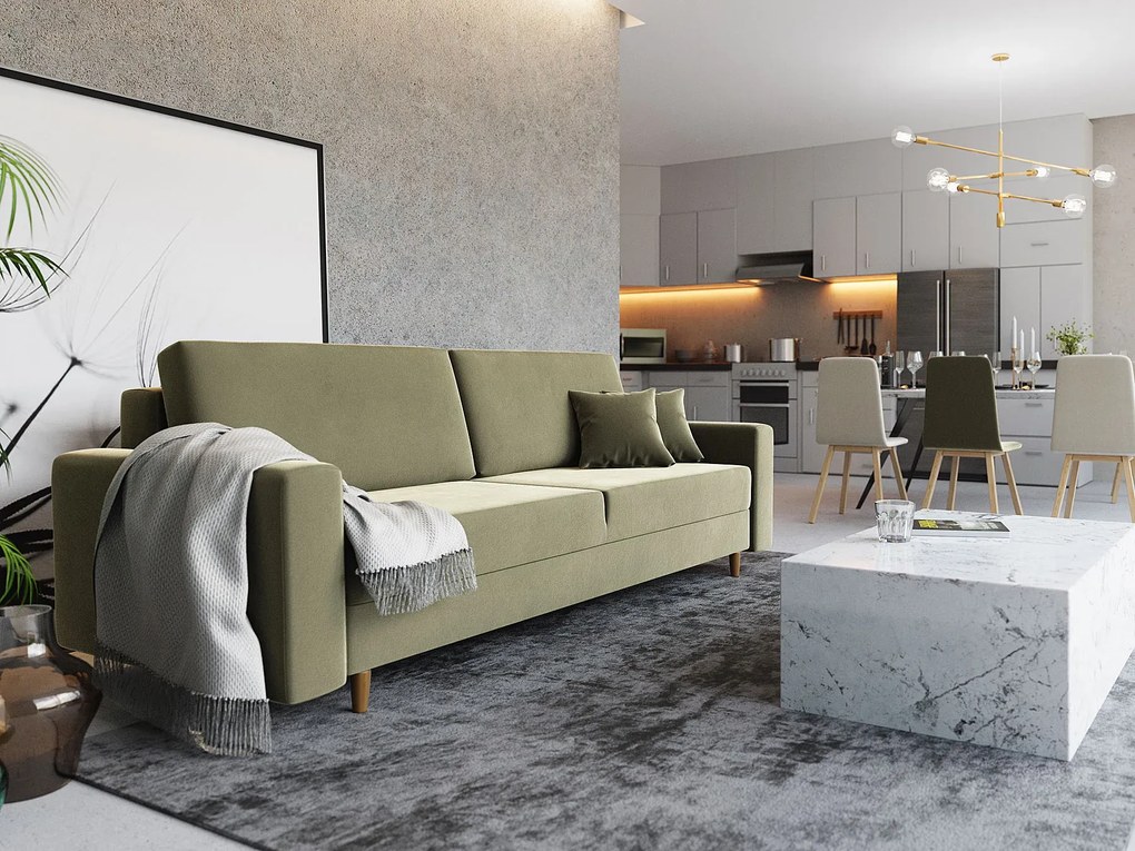 Kremowa welurowa sofa rozkładana na nóżkach W4-A93