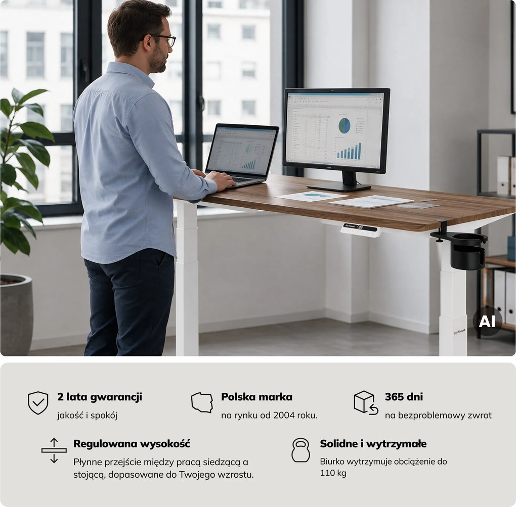Biurko elektryczne z regulacją wysokości ergonomiczne białe/orzech,1600x800 mm: ARIA