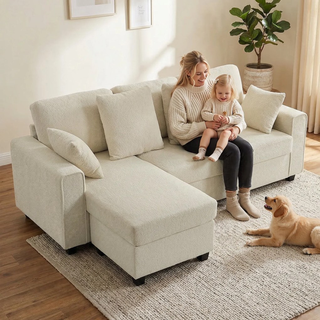 HOMCOM Narożna sofa z odwracalnym szezlongiem, 3-osobowa kanapa z aksamitnym wyglądem, szerokie i głębokie siedzisko, poduszki sprężynowe, beżowa | Aosom PL