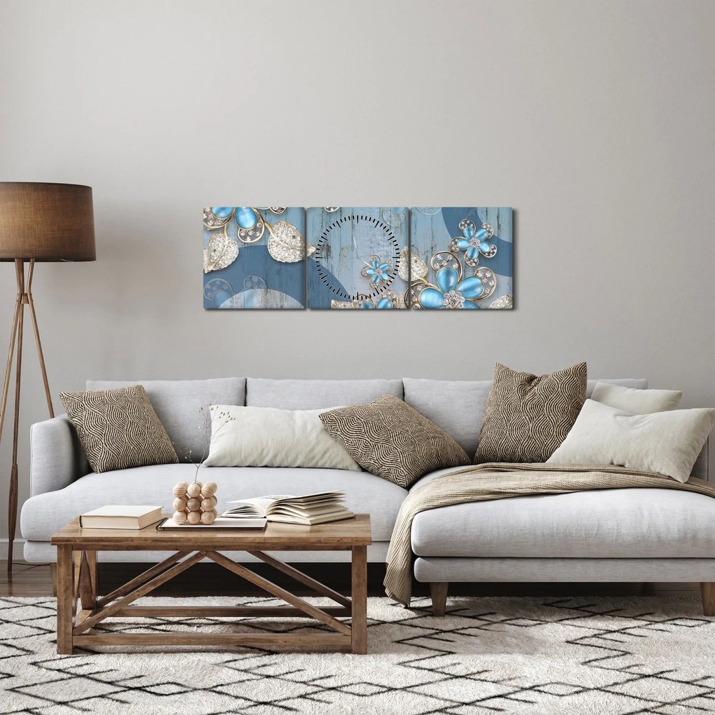 Obraz - Niebieskie kwiaty (z zegarem) (90x30 cm)