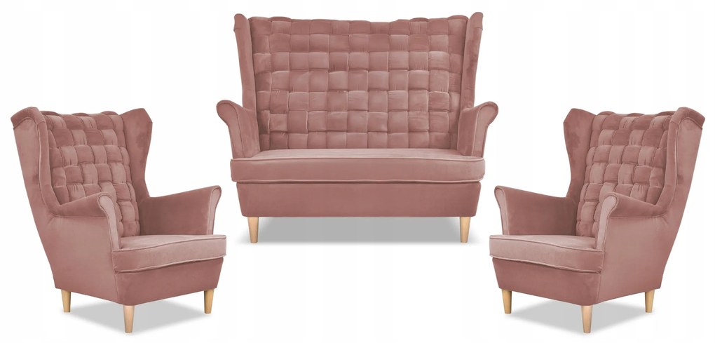 Zestaw wypoczynkowy Carol sofa fotele paski Family Meble różowy