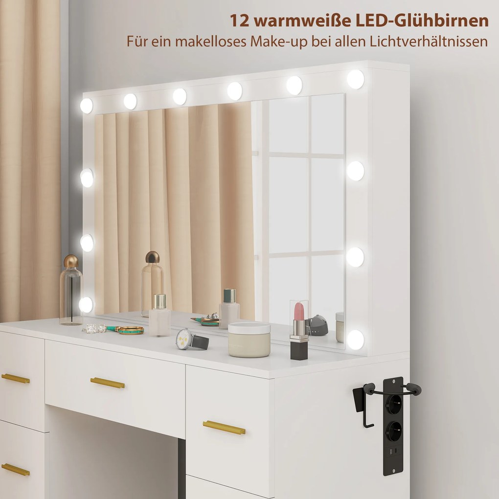 HOMCOM Toaletka z lustrem i 12 lampami LED, toaletka z 7 szufladami, 6 ukrytymi schowkami, płyta wiórowa, Biały
