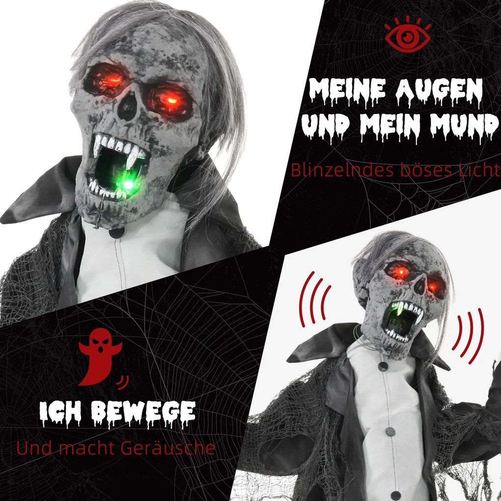 HOMCOM Dekoracja Halloween, Szkielet/Zombi, ruchomy, sensor ruchu, LEDy i dźwięki, 75 cm