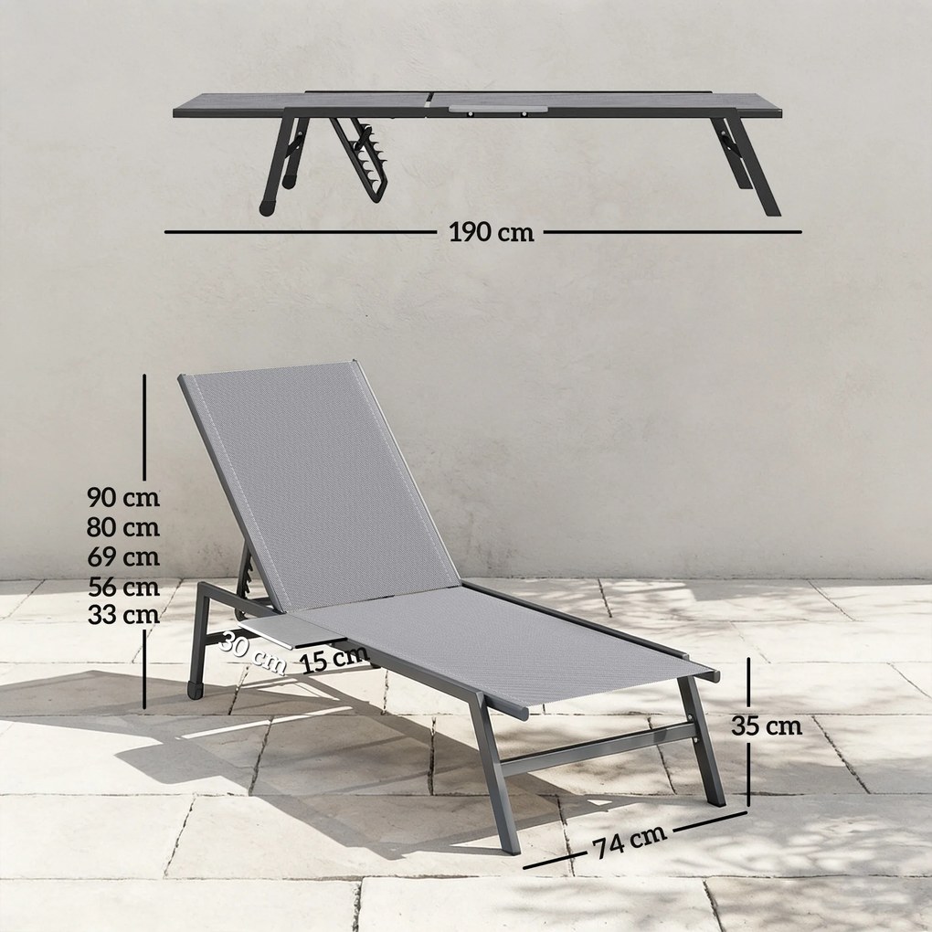 Outsunny Zestaw 2 Leżaków Ogrodowych z 5-stopniowo Regulowanym Oparciem, Bocznym Stolikiem, Kółkami, Antypoślizgowe Nogi Szary | Aosom PL