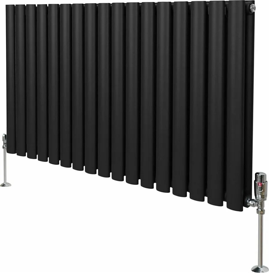 Grzejnik kolumnowy owalny i zawory - 600 mm x 1020 mm - czarny