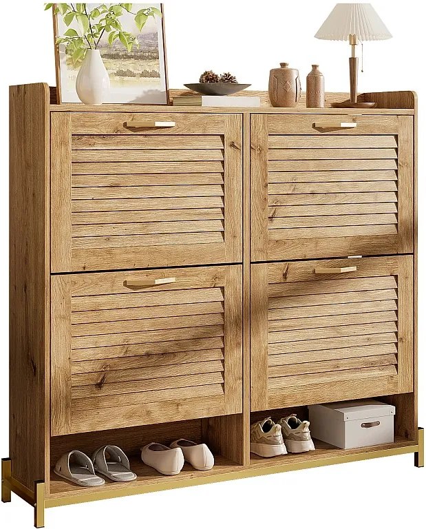 Szafka na buty z 4 drewnianymi drzwiami listwowymi - 108,5 x 24 x 100 cm - metalowa rama i półka - płyta MDF - drewno