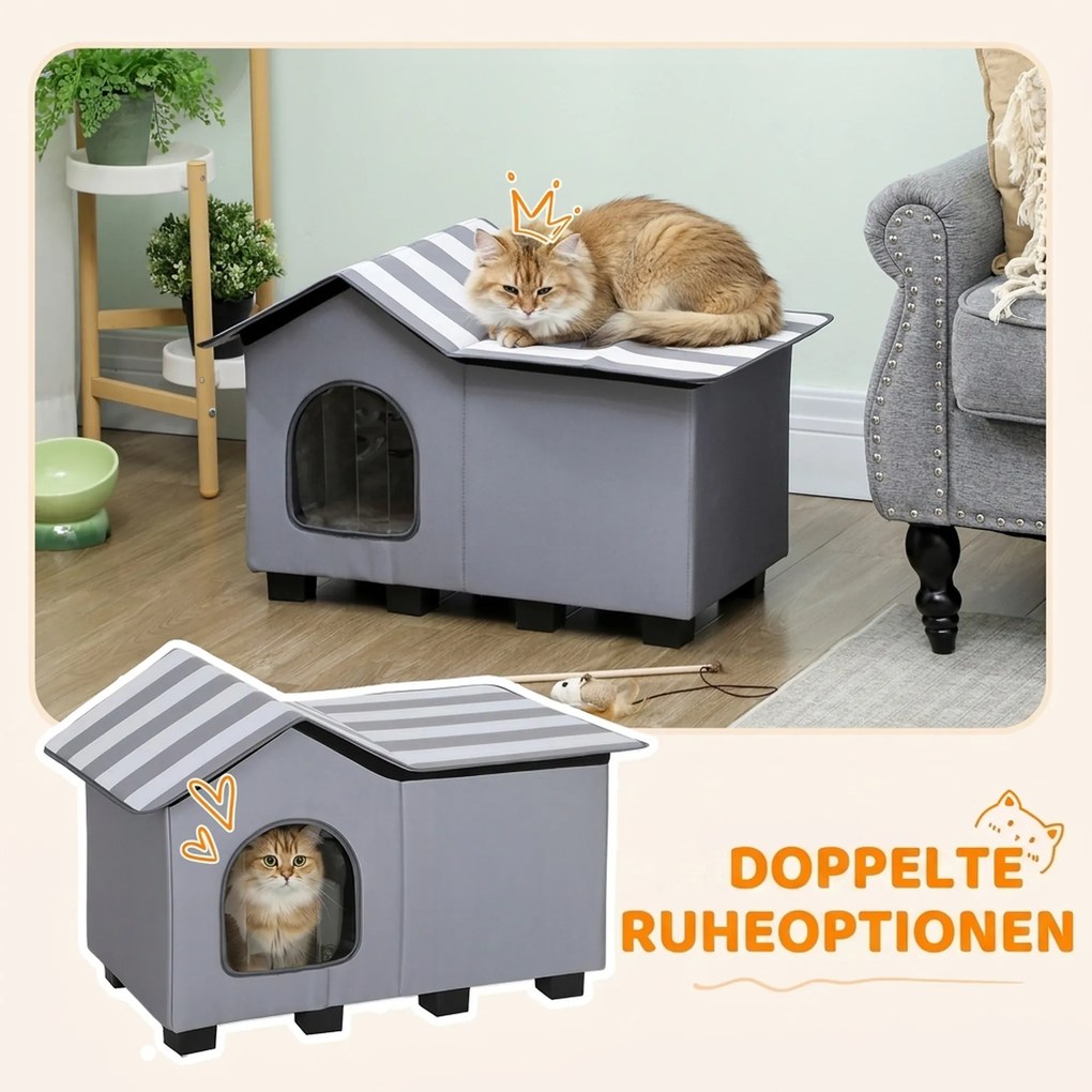 PawHut Domek dla kota wodoodporny budka z odpinanym dachem dwuspadowym izolacja termiczna platforma 70x43x45 cm materiał Oxford Szary | Aosom PL