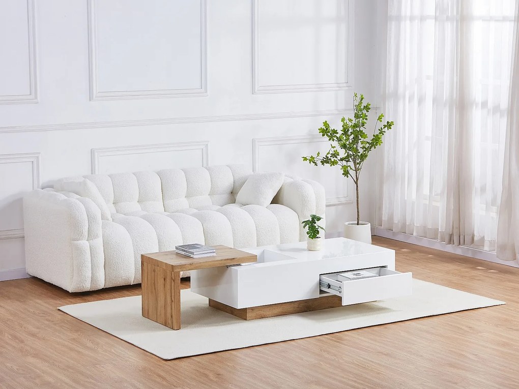 Stolik kawowy rozkładany z MDF z 1 szufladą i 1 wnęką - Naturalny i Biały - MANDREA