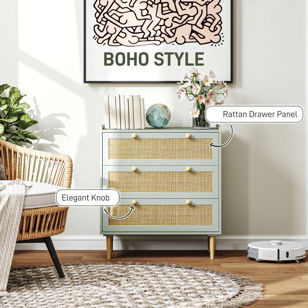 HOMCOM Komoda do sypialni z 3 szufladami, fronty rattanowe, do przedpokoju, pokój wejściowy, MDF, Jasnoniebieski