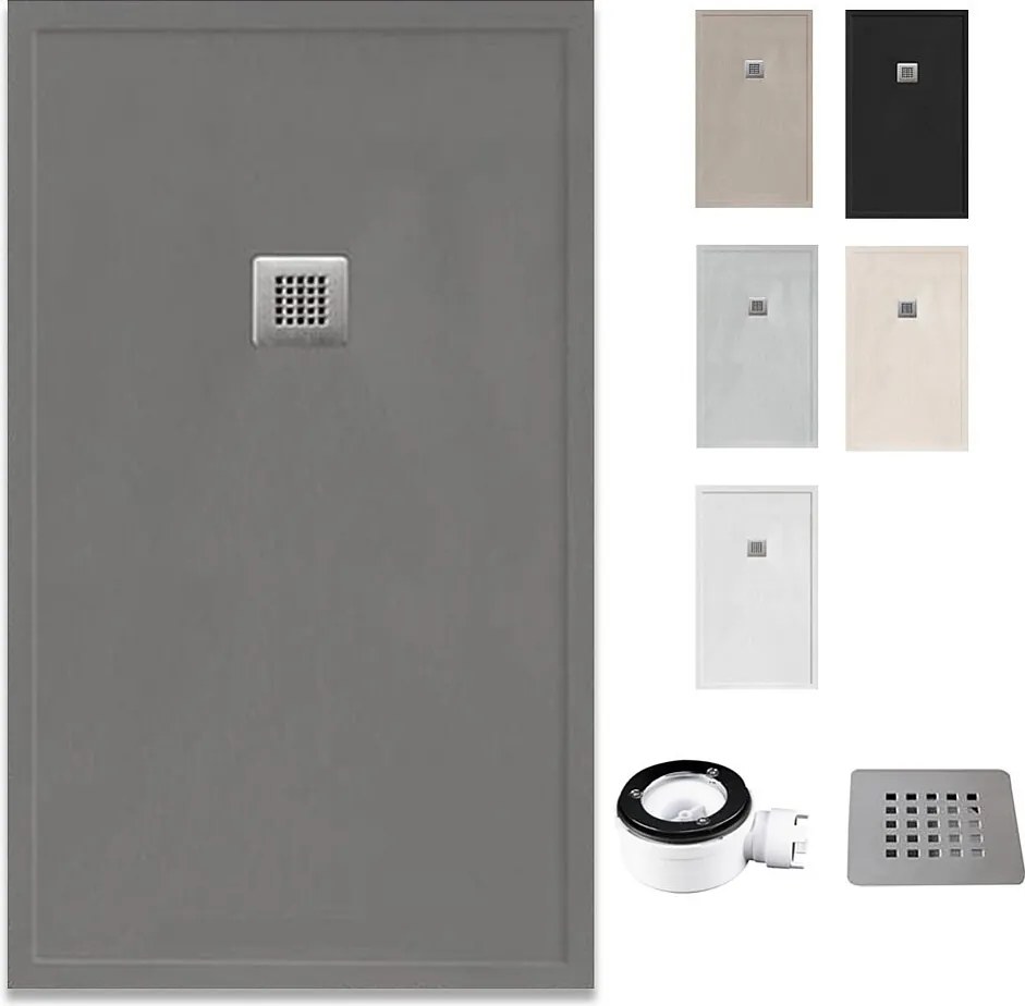 Brodzik żywiczny z rantem, ultracienki i antypoślizgowy z zaworem i kratką | Tekstura kamienia | Szary cementowy | 70 X 200 cm