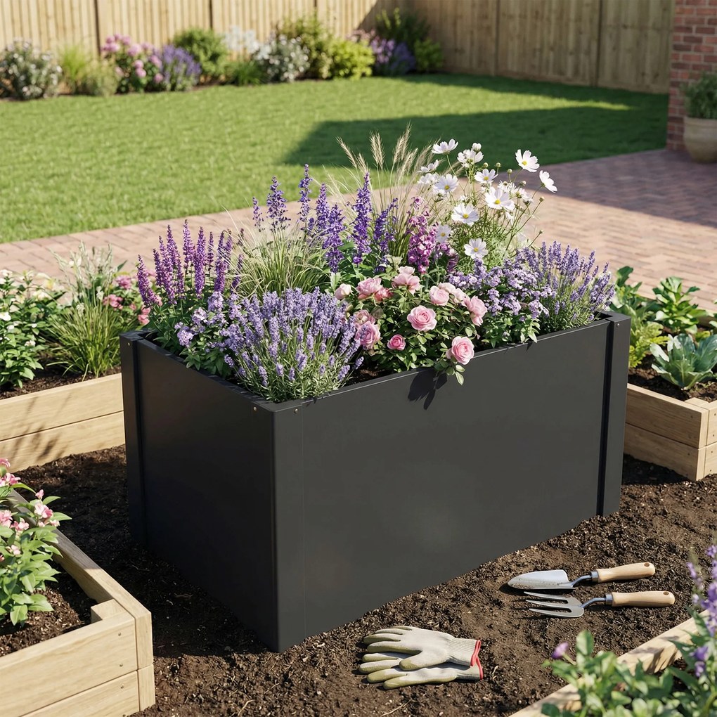 Outsunny Podwyższona Donica z Otwartym Dnem, Wzmocniona Konstrukcja i Rękawice, 102 x 52 x 55 cm, Czarna | Aosom PL