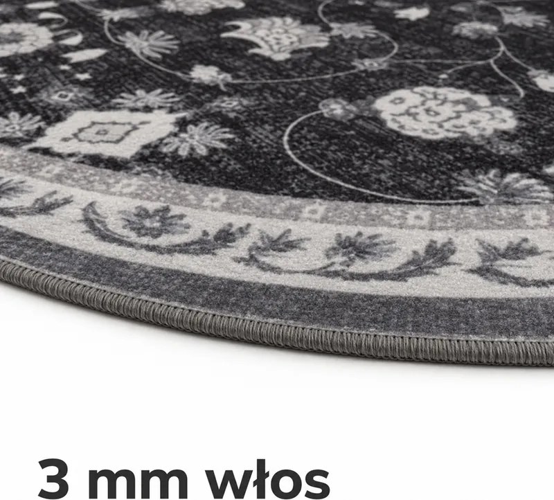 Dywan vintage INKA Floral z Efektem Postarzenia Czarno-Szary koło 200 cm x 200 cm