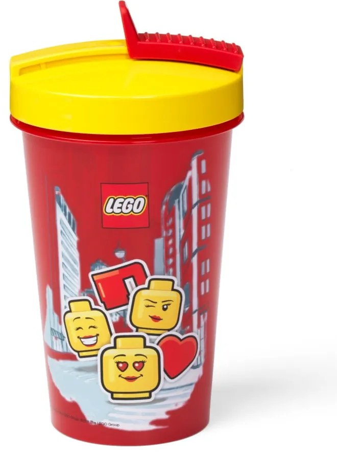 Czerwony kubek podróżny z żółtym wieczkiem i słomką LEGO® Iconic, 500 ml