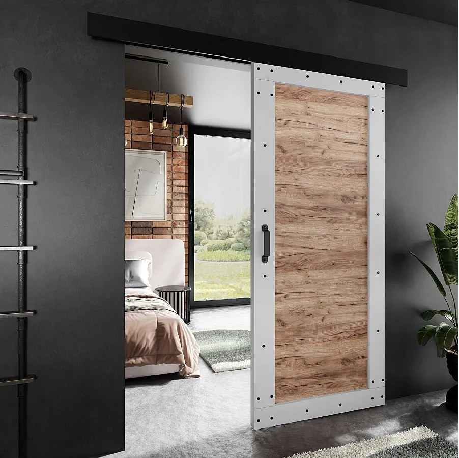 Drzwi przesuwne PALADIO 2 z maskownicą biały i dąb craft złoty 100