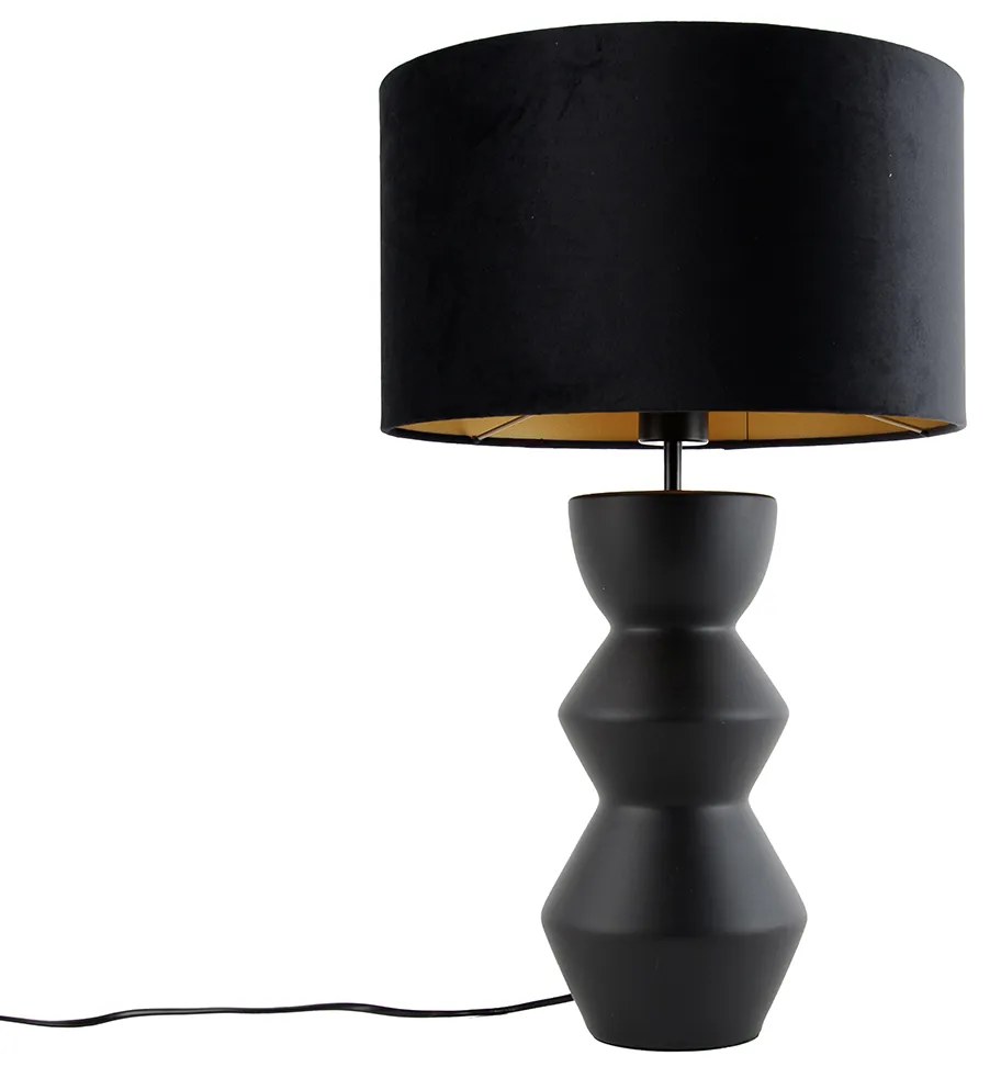 Designerska lampa stołowa czarna z abażurem z weluru czarnego ze złotem 35 cm - Alisia