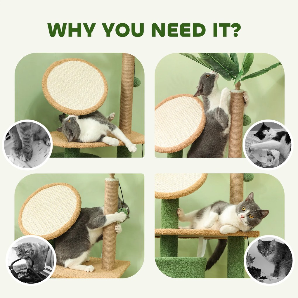 PawHut Drapak dla Kotów, 139 cm z Jaskinią, Piłkami, Sisalowymi Słupkami i Platformami, dla Dwóch Kotów, Zielony