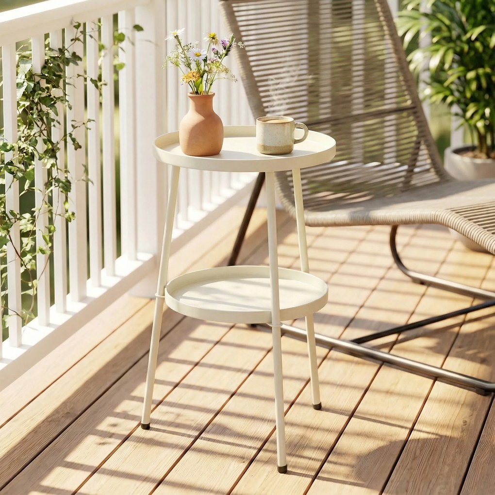 Outsunny Stolik pomocniczy Ø36 cm, stolik balkonowy z metalu, stolik tarasowy, okrągły stolik na taras, balkon, kremowy | Aosom PL