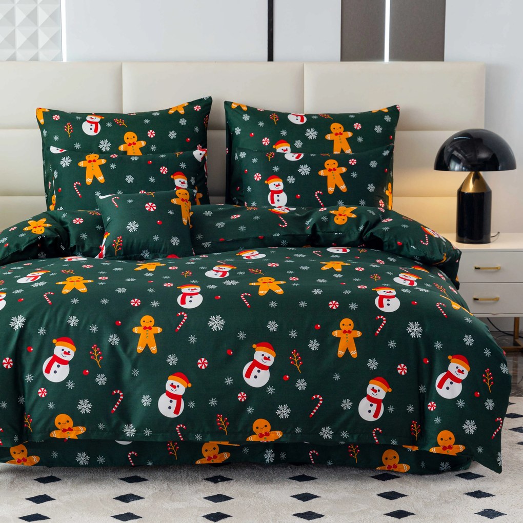 PrzytulneMieszkanie.pl PrzytulneMieszkanie.pl Prześcieradła z mikrofibry SNOWMAN AND GINGERBREAD w kolorze zielonym Rozmiar pościeli: 70 x 90 cm | 140 x 200 cm
