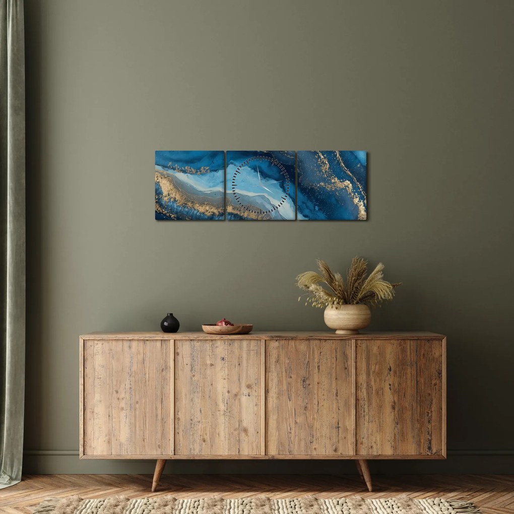 Obraz - Niebieska marmurowa abstrakcja (z zegarem) (90x30 cm)