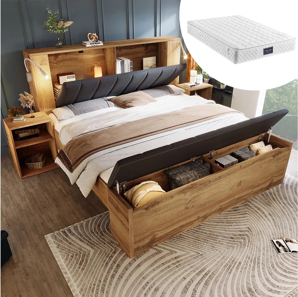 Łóżko podwójne - 160 x 200 cm - ze składanym zagłówkiem + 2 szafki nocne + ława ze schowkiem + 2 lampki - naturalne (z materacem)