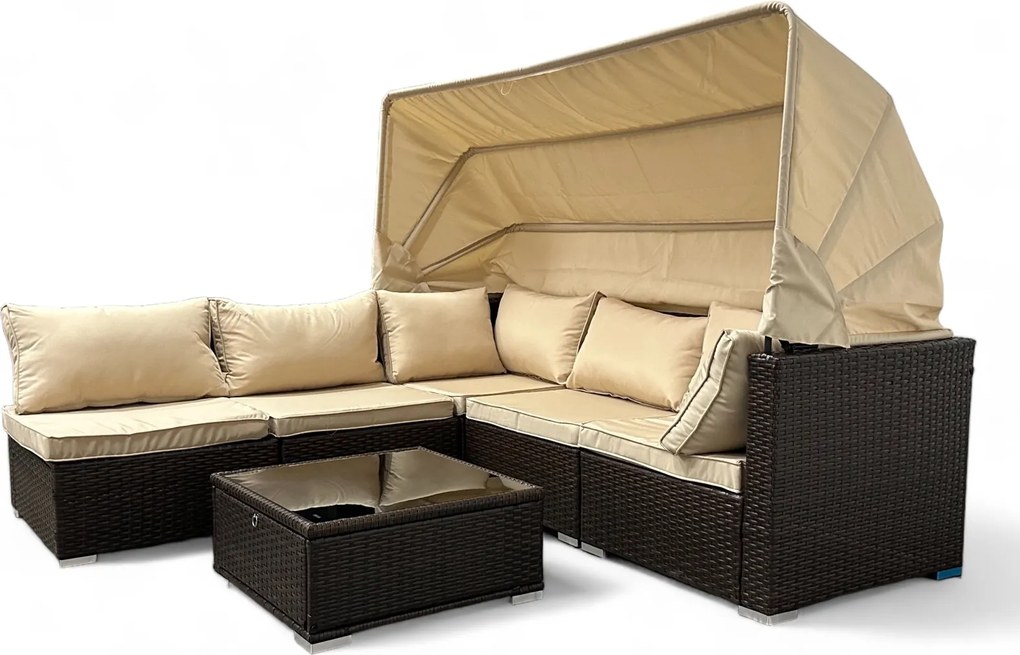 Wielofunkcyjny zestaw mebli ogrodowych - narożnik, leżanka z daszkiem Galicja 101 brąz, poduszki beżowe