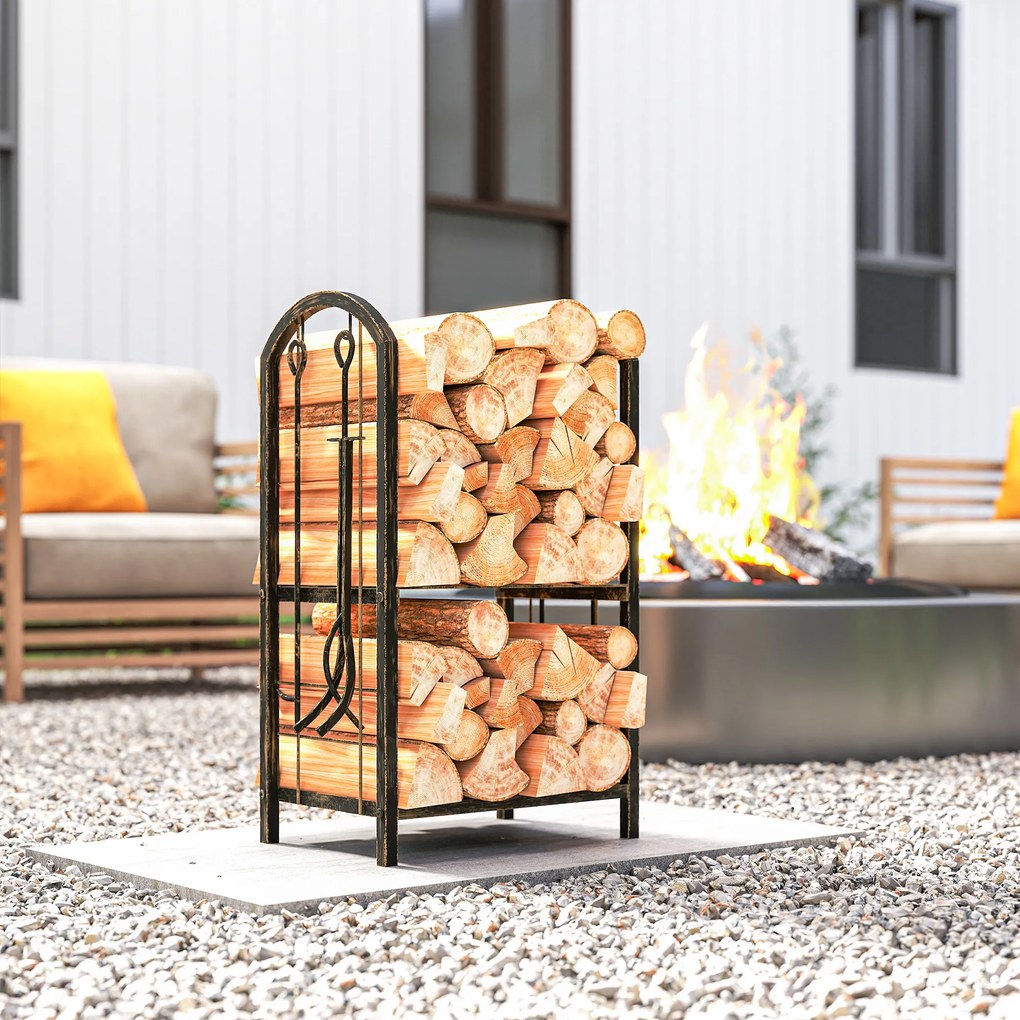 Outsunny Stojak na drewno 43×30×74 cm, 2 poziomy, z 4 narzędziami i hakami