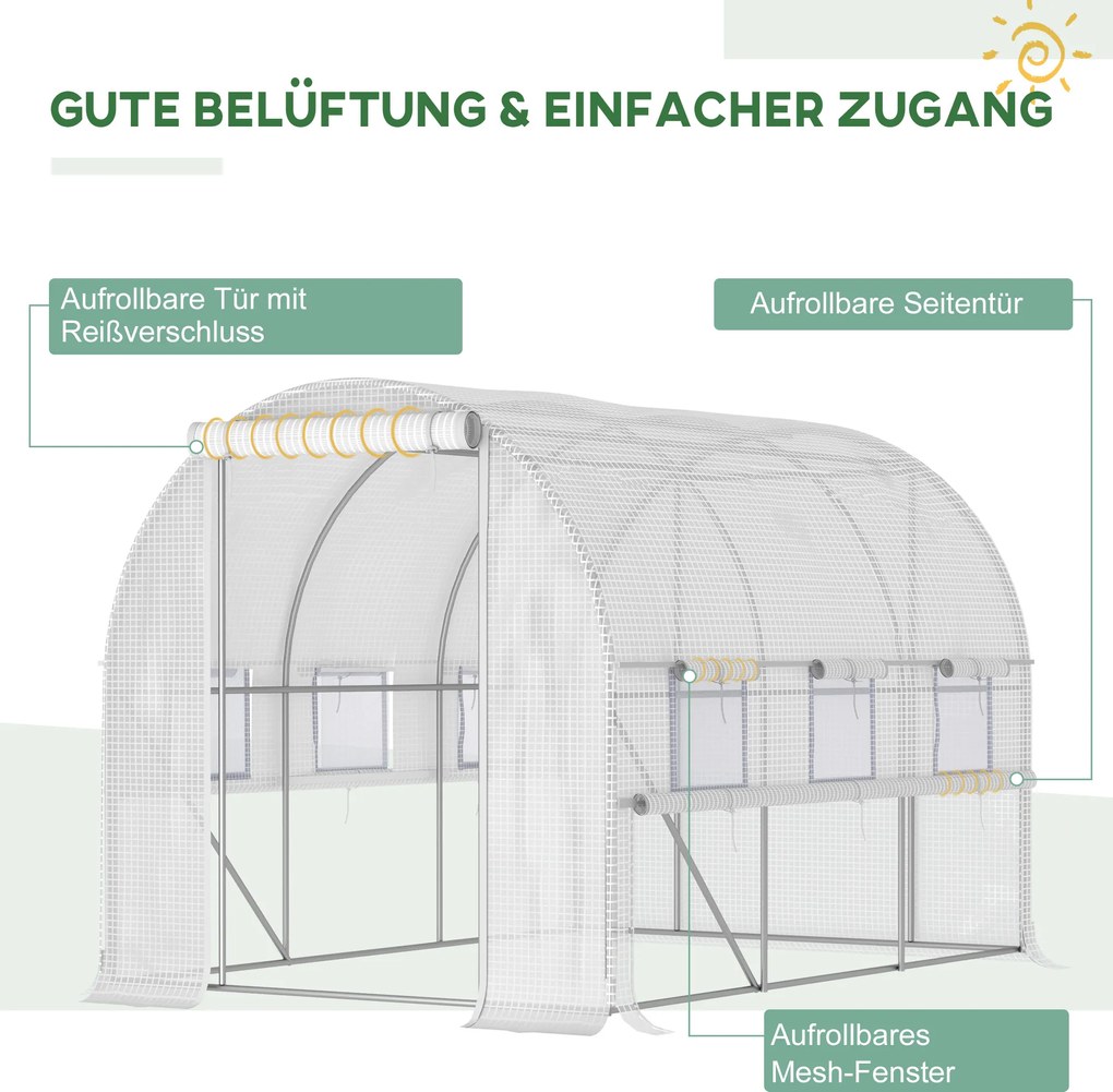 Outsunny Szklarnia Foliowa z 6 Zwijanymi Oknami i Drzwiami na Zamek Błyskawiczny Rama z Ocynkowanej Stali 295x2x2m Biały | Aosom PL