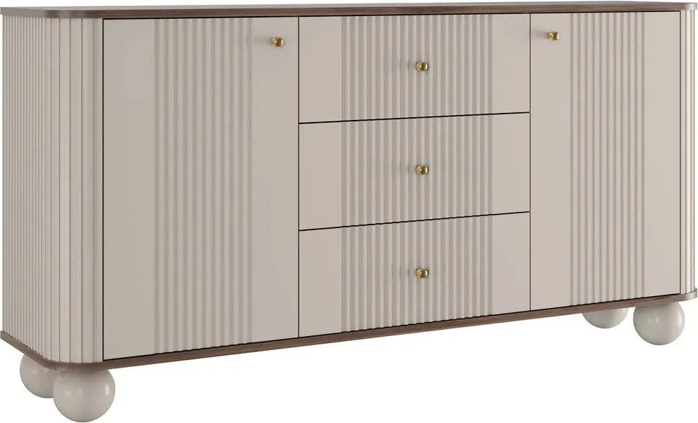 Komoda Vesper 160 cm z szufladami na kulach - kaszmir / orzech / złote uchwyty / nogi kule