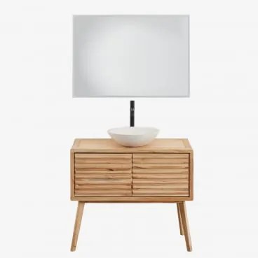 Zestaw Mebli Łazienkowych 90x45 Cm Z Drewna Deleyna Naturalna & Cement Okrągły Biały Ø40 Cm Zavion & Prostokątna Lampa Led I Przeciwmgielna 100x70 Cm