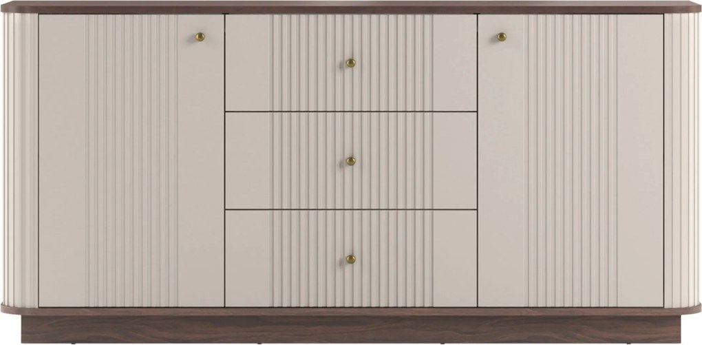 Komoda Vesper 160 cm z szufladami na cokole - kaszmir / orzech / złote uchwyty