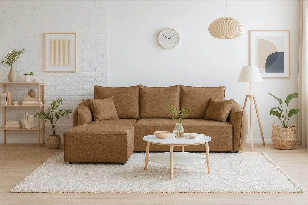 Nowoczesny narożnik prawostronny SELLMA w tkaninie RAVEN 34 karmelowej