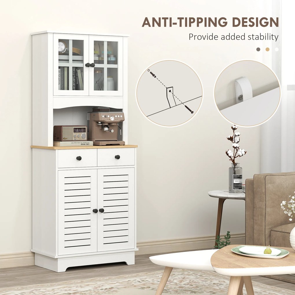 HOMCOM Kuchenna szafka z drzwiami szklanymi, 2 szuflady, szafka na naczynia, szafka do jadalni, drewno, 68 x 39,5 x 170 cm, biały