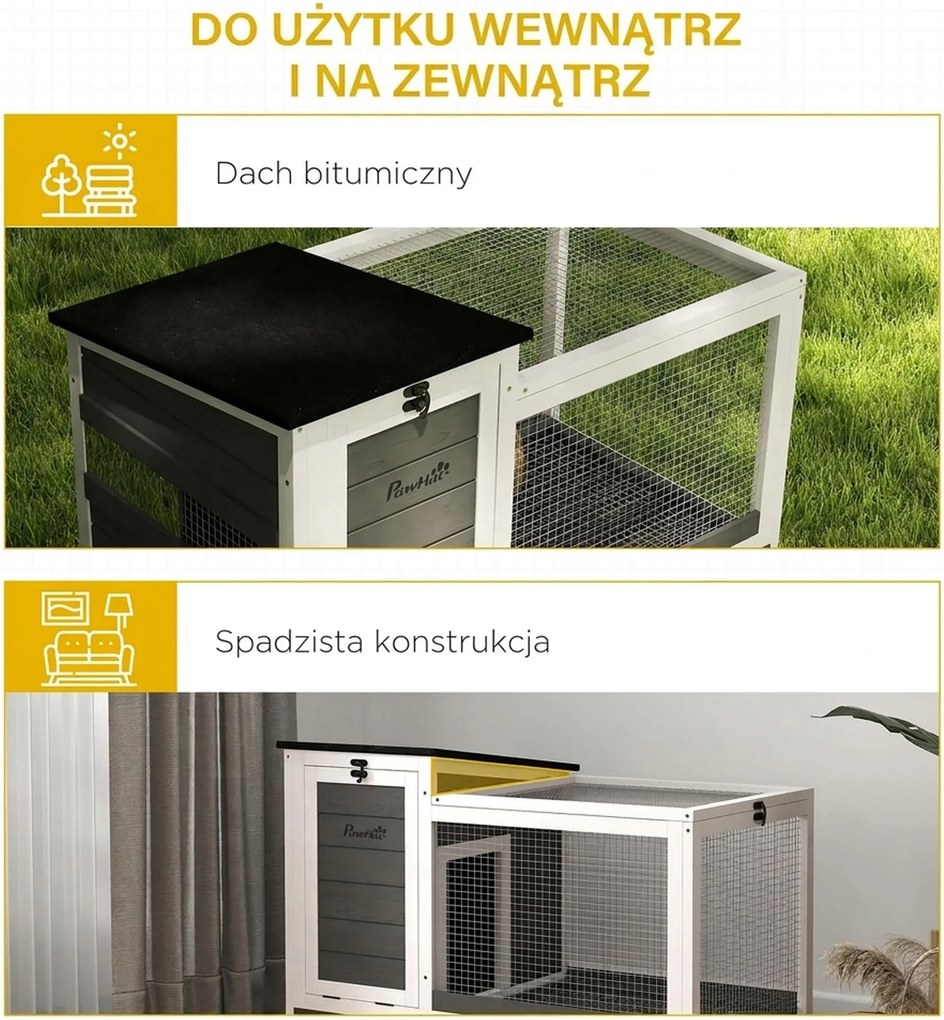 Drewniana klatka dla królików PawHut z wybiegiem i kółkami, otwieranym dachem, dla użytku zewnętrznego i wewnętrznego 92 x 52 x 67 cm, Ciemnoszara