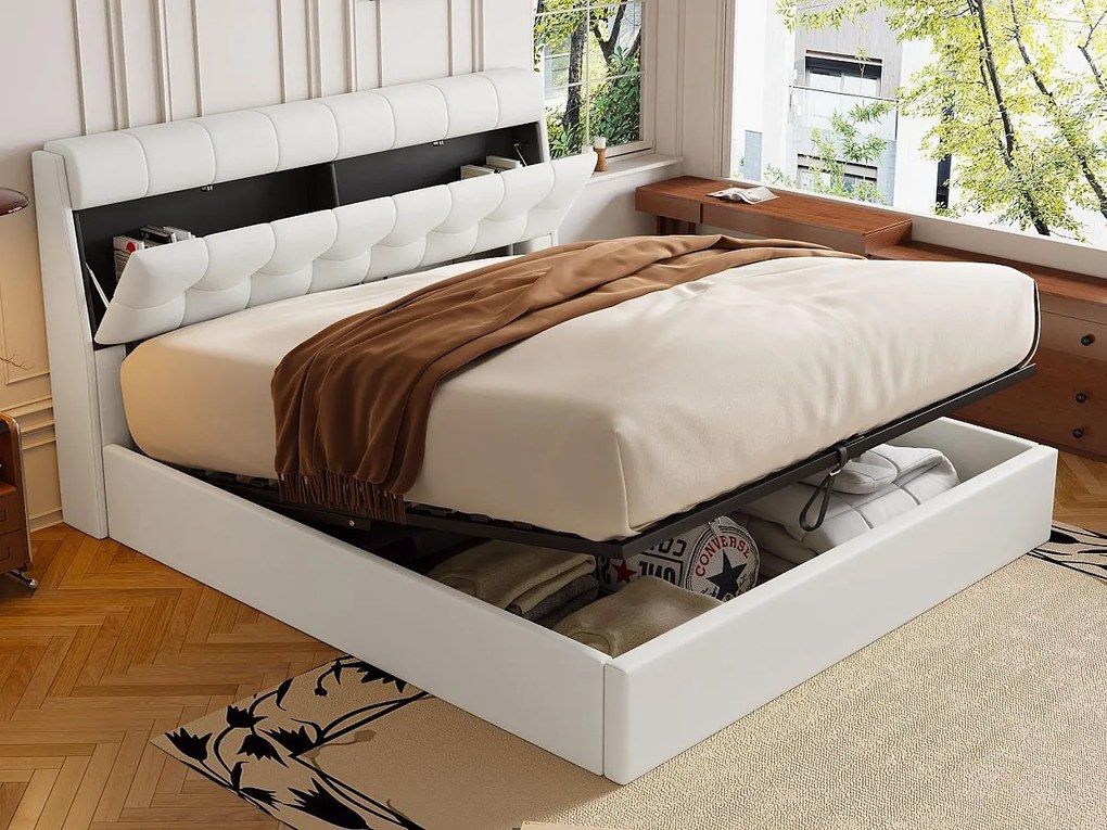 Łóżko 140x200 cm - z ekoskóry - wezgłowie z miejscem do przechowywania - Białe