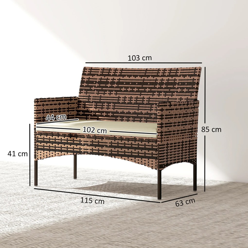 Outsunny 2-osobowa sofa ogrodowa Rattan PE, meble tarasowe z poduszką, antypoślizgowe maty, stalowa rama, Khaki | Aosom PL
