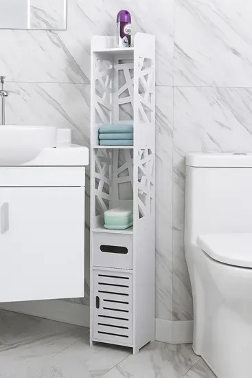 Biała ażurowa wąska szafka łazienkowa F9-H54