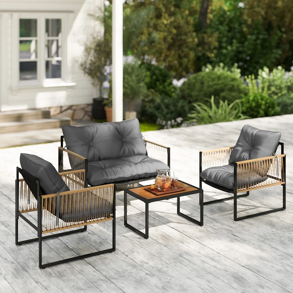 Outsunny Zestaw mebli ogrodowych, 4-elementowy, Sofa, 2 Krzesła, Stolik z blatem szklanym, Konstrukcja metalowa, Polyrattan, Antracyt