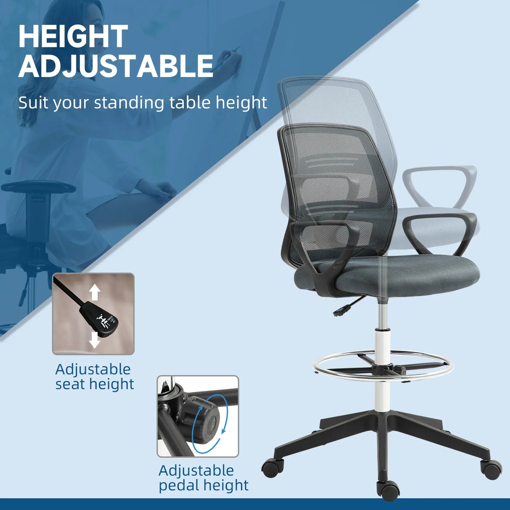 Vinsetto Ergonomiczny Fotel Biurowy z Podłokietnikami i Regulowanym Podnóżkiem Siatka Szary