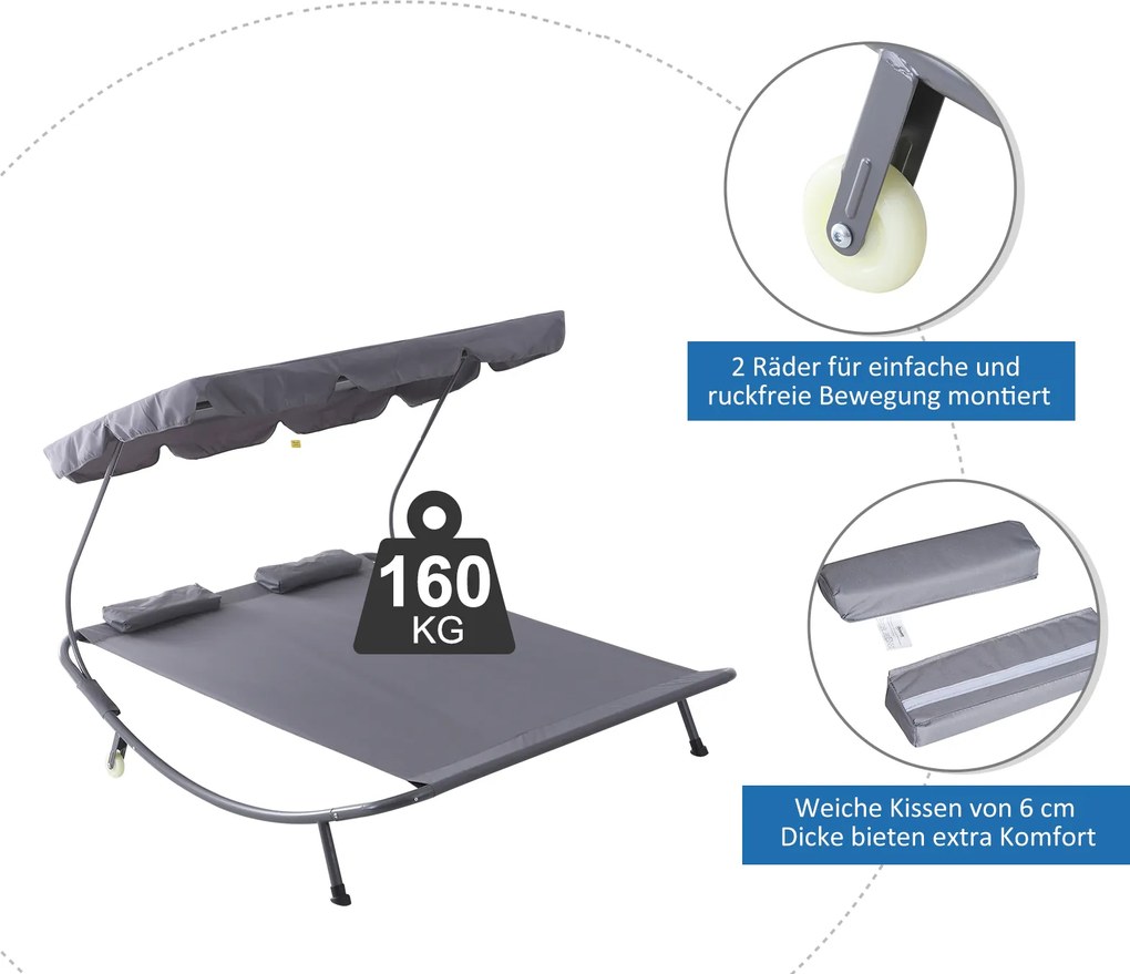 Outsunny Podwójny Leżak Ogrodowy z Dachem Stalowy Składany Szary 200x170x134cm | Aosom PL