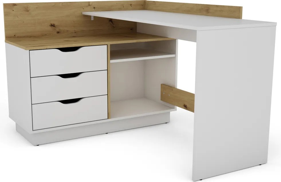Biurko narożne z kontenerkiem Filo 2, kolor biały mat/dąb artisan, 129 cm