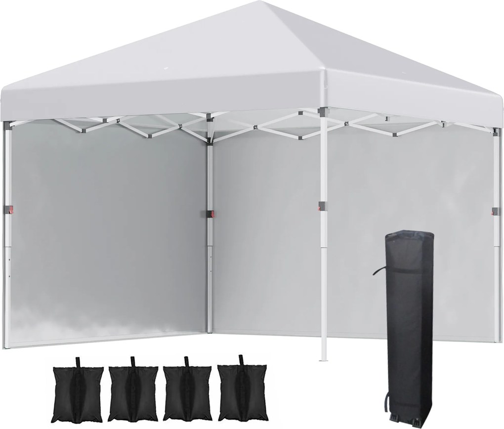 Outsunny Składany Pawilon z 2 Ściankami, Wysokość Regulowana, z Torbą Transportową, Stelaż z Antykorozyjnej Stali, 3x3 m, Biały