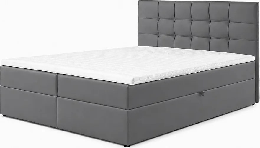 Łóżko kontynentalne LEO-140x200cm z pojemnikami na pościel|Materac Bonell|Topper|Łóżko dwuosobowe|Tapicerowane|Skóra ekologiczna-Szary