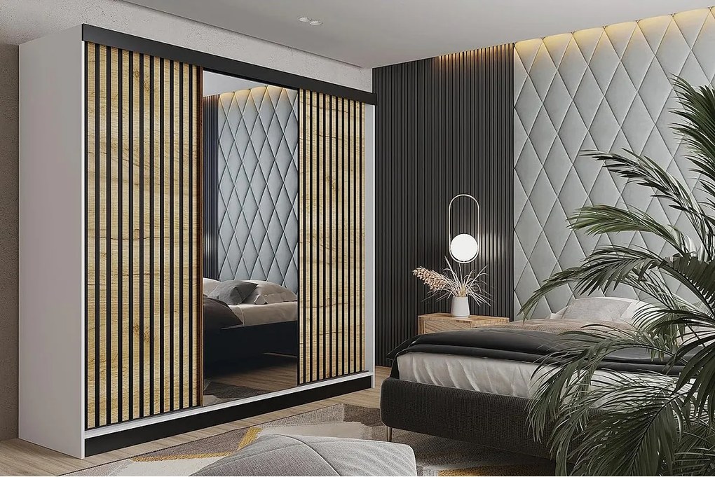 Szafa przesuwna z lustrem lamele MALANI 200 - biały + dąb craft złoty