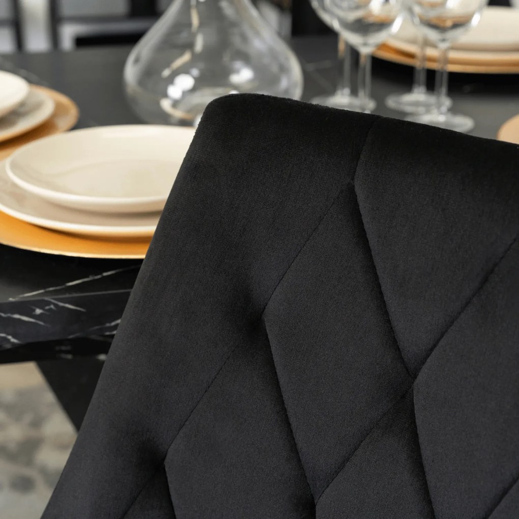 Zestaw Stół Prostokątny Rozkładany CLARK 120-160 cm Czarny Marmur i 4 Krzesła Tapicerowane CORK Czarne Welurowe Loft