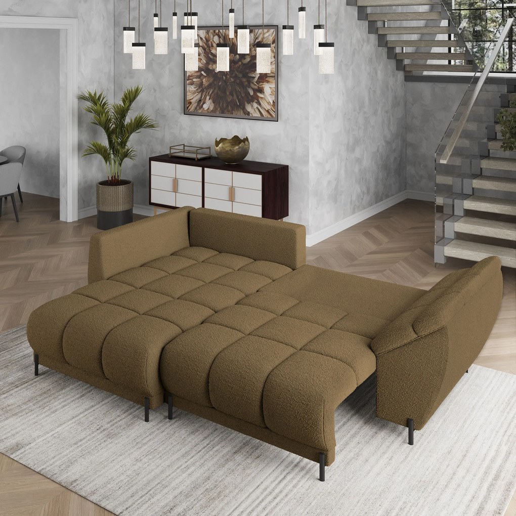 Masseno Narożnik VESTANO z funkcją spania i pojemnikiem na pościel Narozniki L, Rozkładana sofa - Miodowy, QUELLE 17